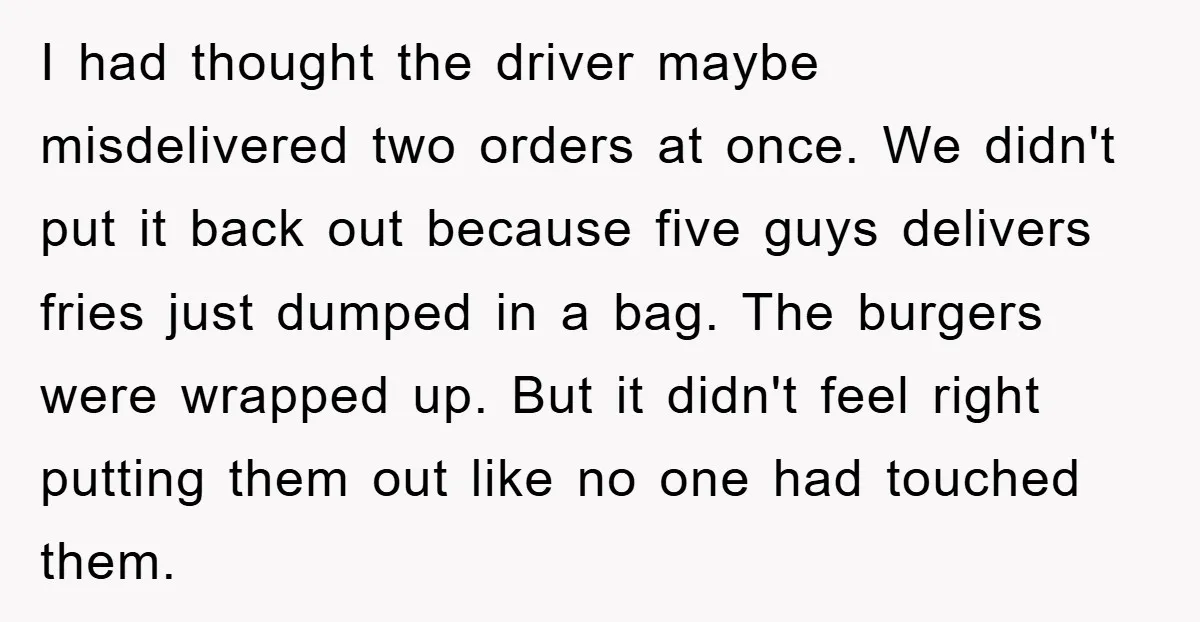 I had thought the driver maybe misdelivered two orders at once. We didn't put it back out because five guys delivers fries just dumped in a bag. The burgers were...