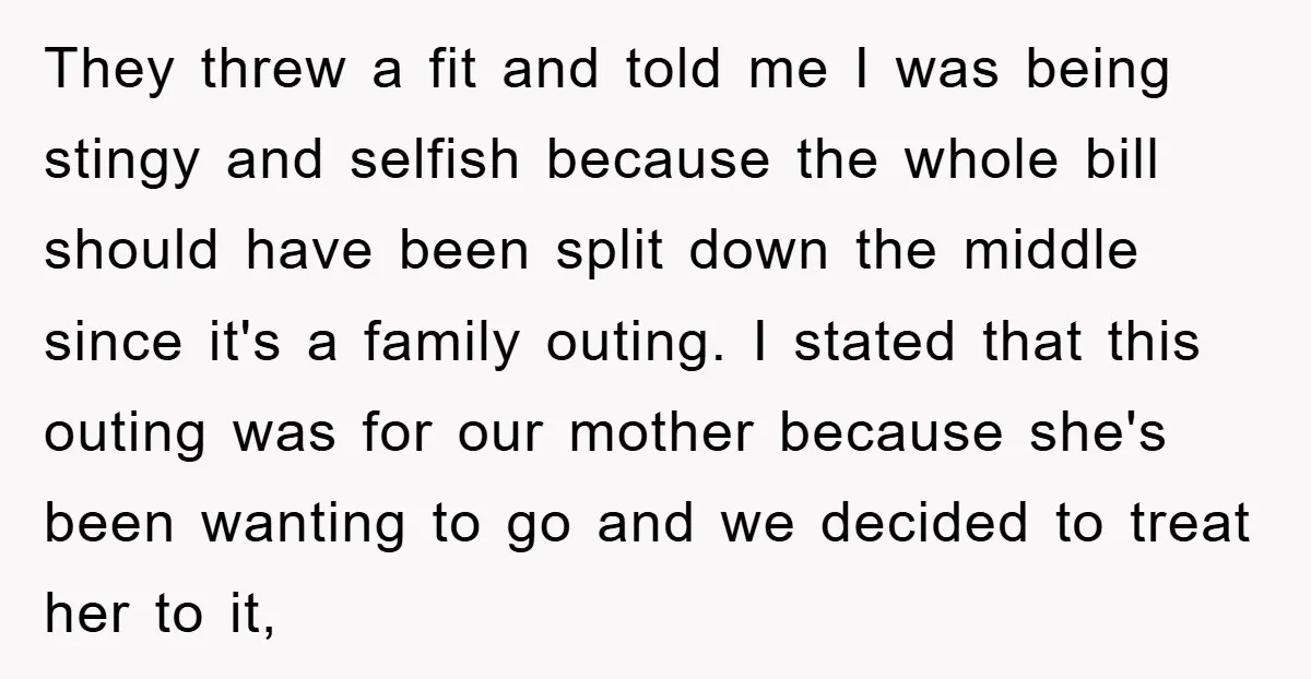 They threw a fit and told me I was being stingy and selfish because the whole bill should have been split down the middle since it's a family outing. I...