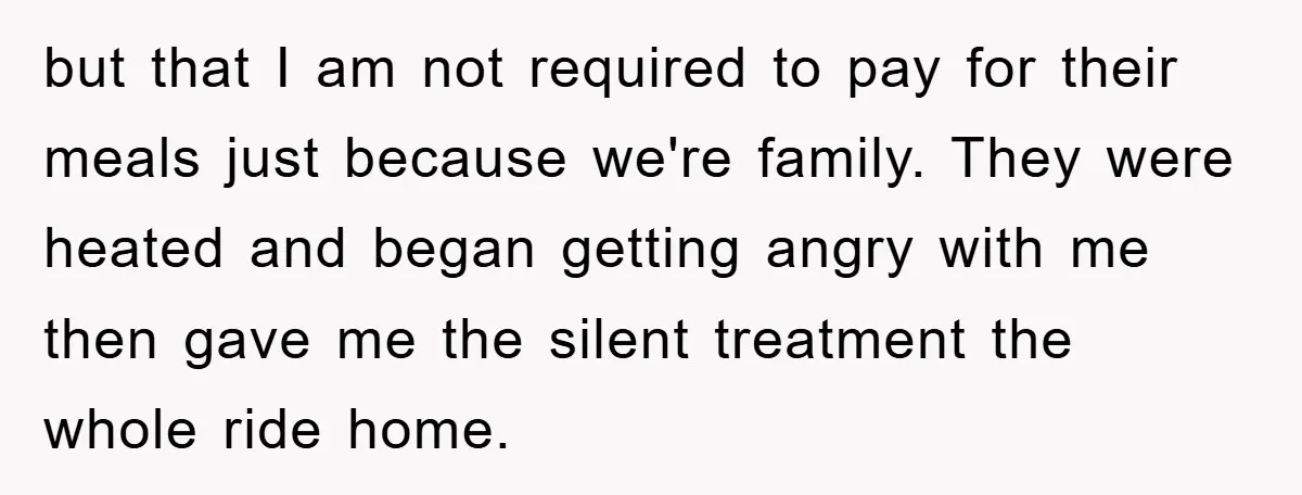but that I am not required to pay for their meals just because we're family. They were heated and began getting angry with me then gave me the silent treatment...