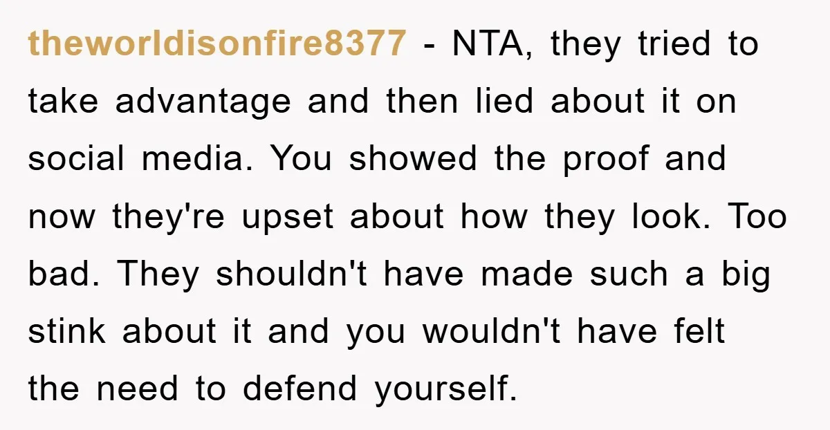 theworldisonfire8377 − NTA, they tried to take advantage and then lied about it on social media. You showed the proof and now they're upset about how they look. Too bad....