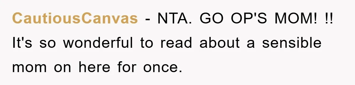 CautiousCanvas − NTA. GO OP'S MOM! !! It's so wonderful to read about a sensible mom on here for once.