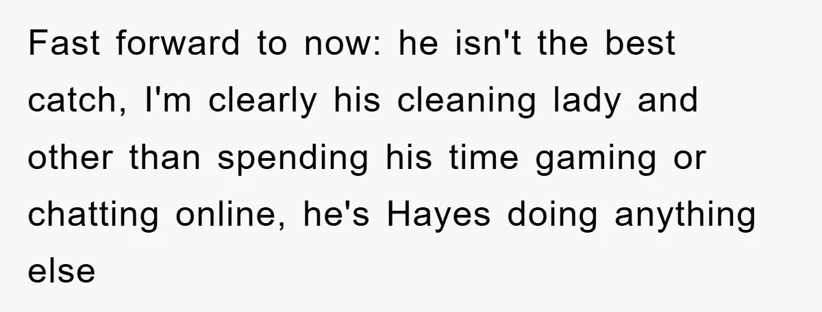 Fast forward to now: he isn't the best catch, I'm clearly his cleaning lady and other than spending his time gaming or chatting online, he's Hayes doing anything else