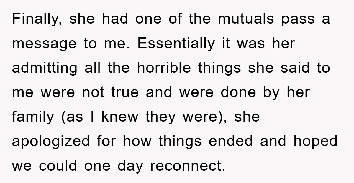 Finally, she had one of the mutuals pass a message to me. Essentially it was her admitting all the horrible things she said to me were not true and were...