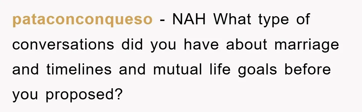 pataconconqueso − NAH What type of conversations did you have about marriage and timelines and mutual life goals before you proposed?