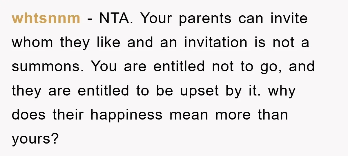 whtsnnm − NTA. Your parents can invite whom they like and an invitation is not a summons. You are entitled not to go, and they are entitled to be upset...
