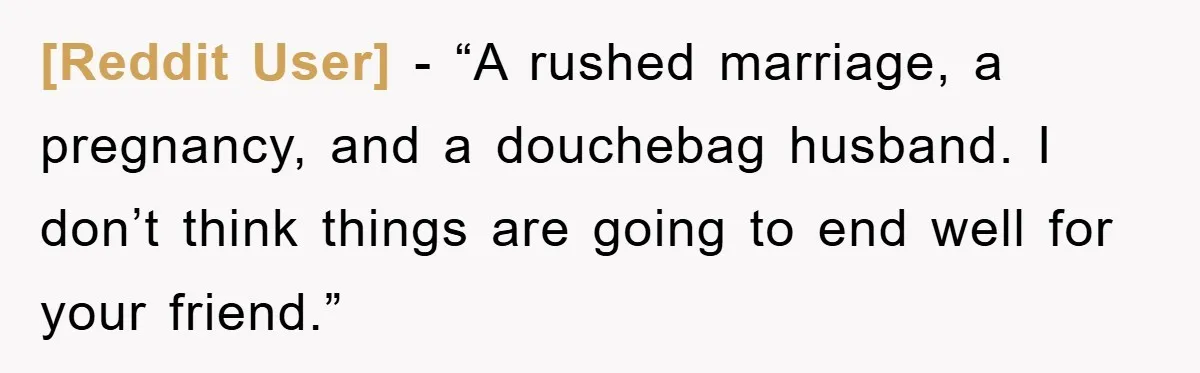 [Reddit User] - “A rushed marriage, a pregnancy, and a douchebag husband. I don’t think things are going to end well for your friend.”