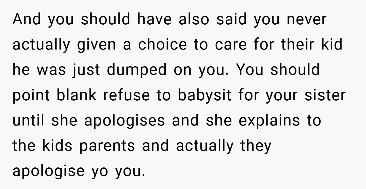And you should have also said you never actually given a choice to care for their kid he was just dumped on you. You should point blank refuse to babysit...