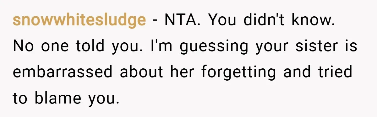 snowwhitesludge − NTA. You didn't know. No one told you. I'm guessing your sister is embarrassed about her forgetting and tried to blame you.