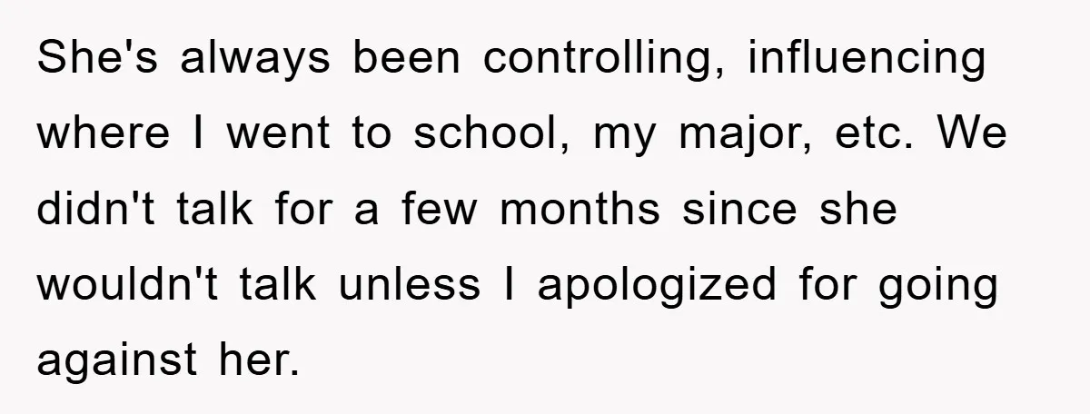 She's always been controlling, influencing where I went to school, my major, etc. We didn't talk for a few months since she wouldn't talk unless I apologized for going against...