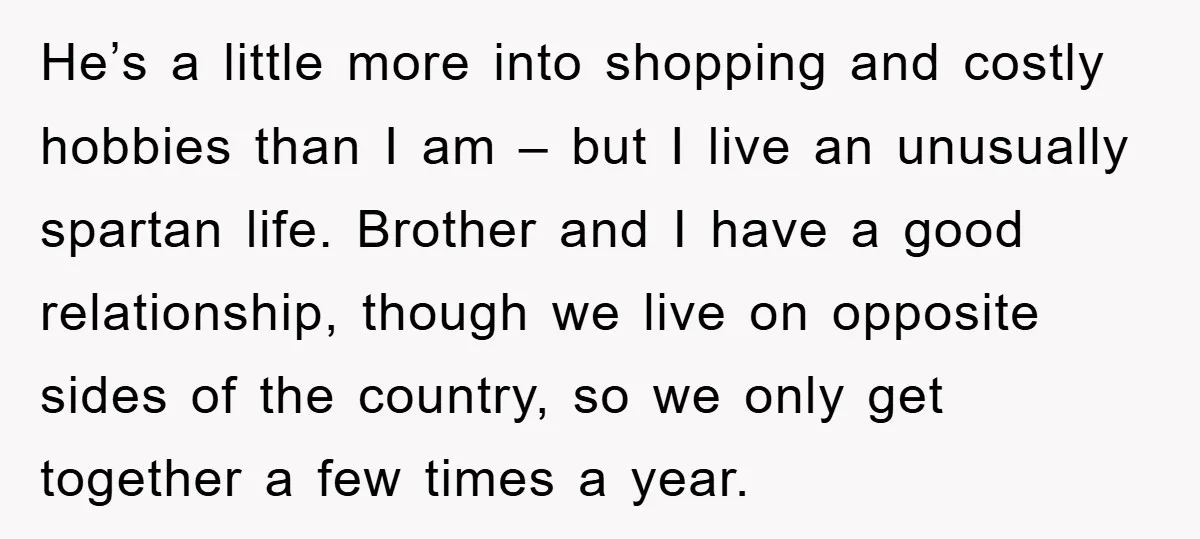 He’s a little more into shopping and costly hobbies than I am – but I live an unusually spartan life. Brother and I have a good relationship, though we live...