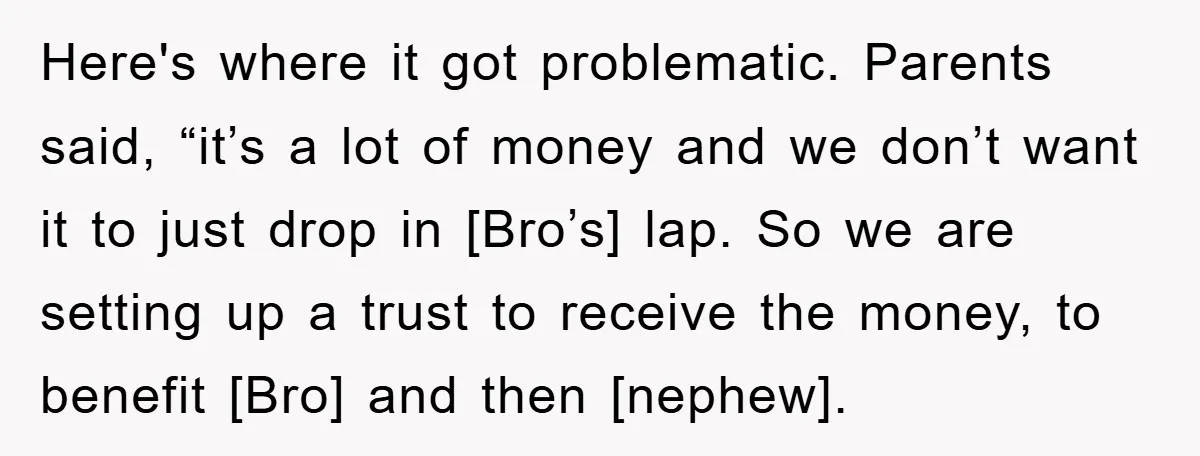 Here's where it got problematic. Parents said, “it’s a lot of money and we don’t want it to just drop in [Bro’s] lap. So we are setting up a trust...