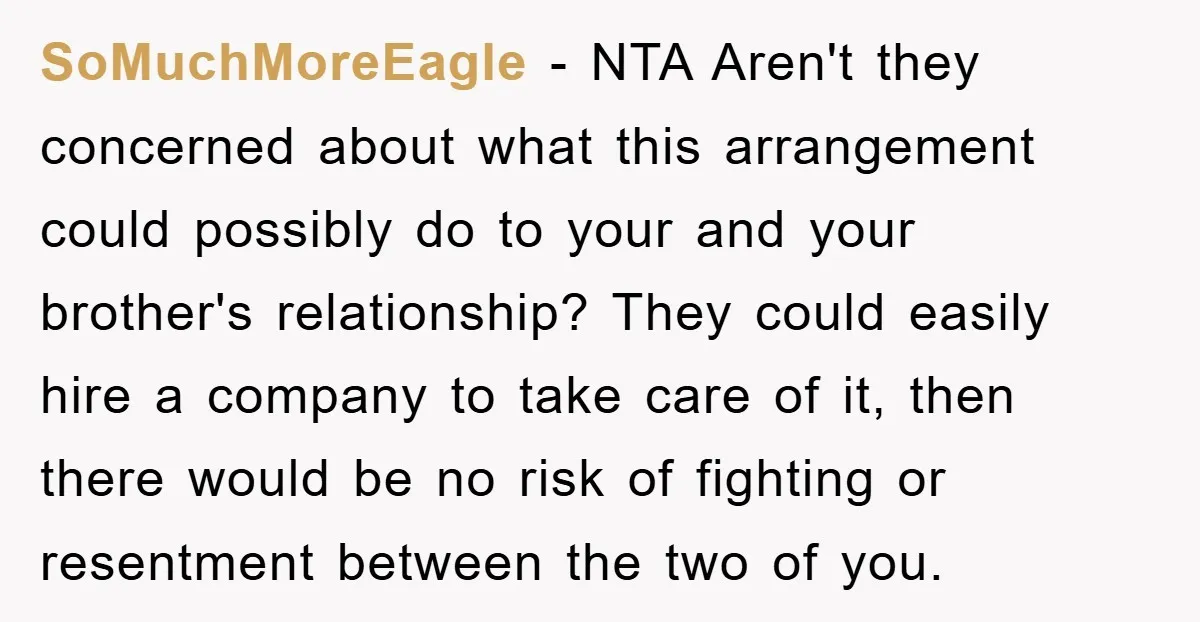 SoMuchMoreEagle − NTA Aren't they concerned about what this arrangement could possibly do to your and your brother's relationship? They could easily hire a company to take care of it,...