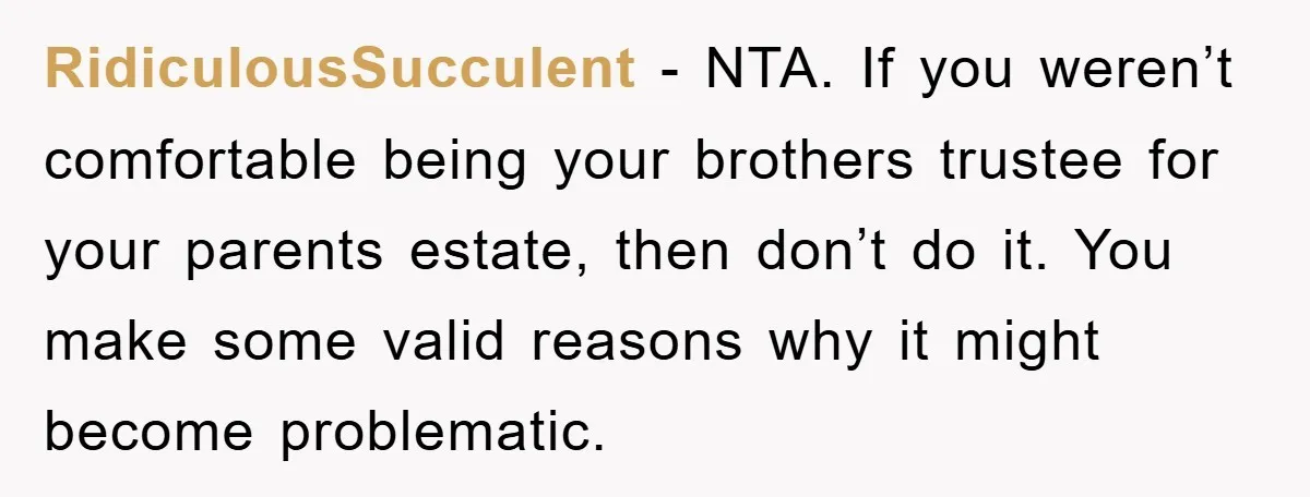 RidiculousSucculent − NTA. If you weren’t comfortable being your brothers trustee for your parents estate, then don’t do it. You make some valid reasons why it might become problematic.
