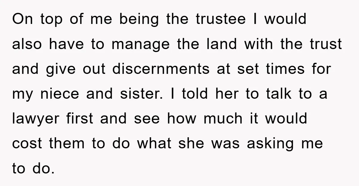 On top of me being the trustee I would also have to manage the land with the trust and give out discernments at set times for my niece and sister....