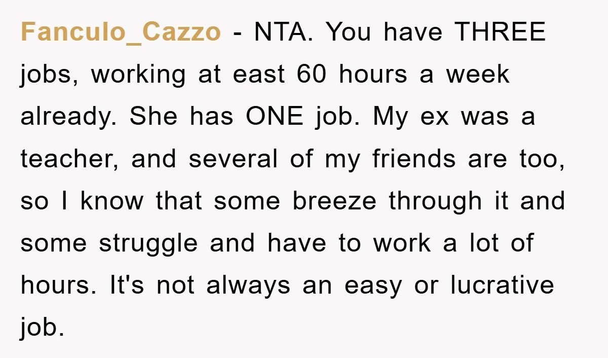 Fanculo_Cazzo − NTA. You have THREE jobs, working at east 60 hours a week already. She has ONE job. My ex was a teacher, and several of my friends are...