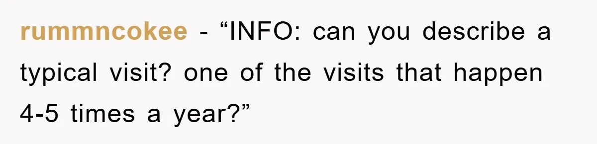 rummncokee - “INFO: can you describe a typical visit? one of the visits that happen 4-5 times a year?”