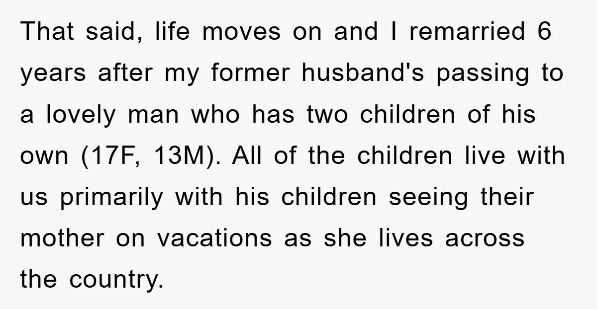 That said, life moves on and I remarried 6 years after my former husband's passing to a lovely man who has two children of his own (17F, 13M). All of...