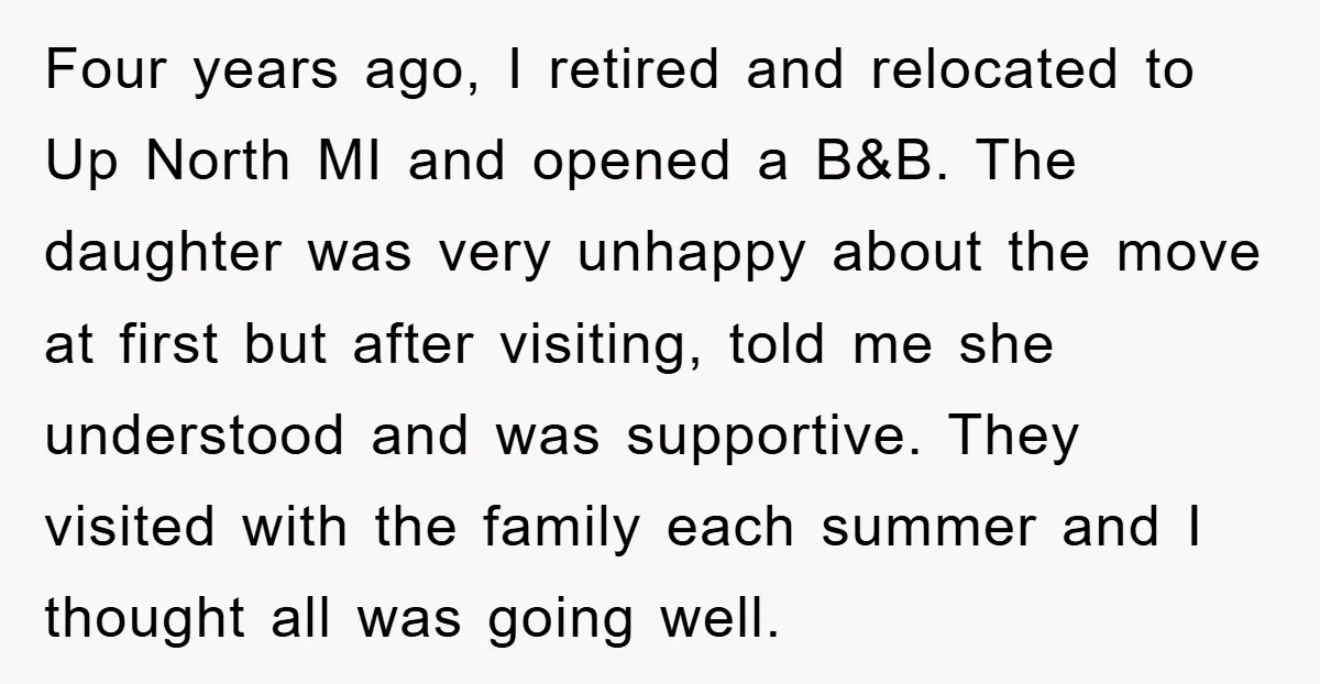 Four years ago, I retired and relocated to Up North MI and opened a B&B. The daughter was very unhappy about the move at first but after visiting, told me...