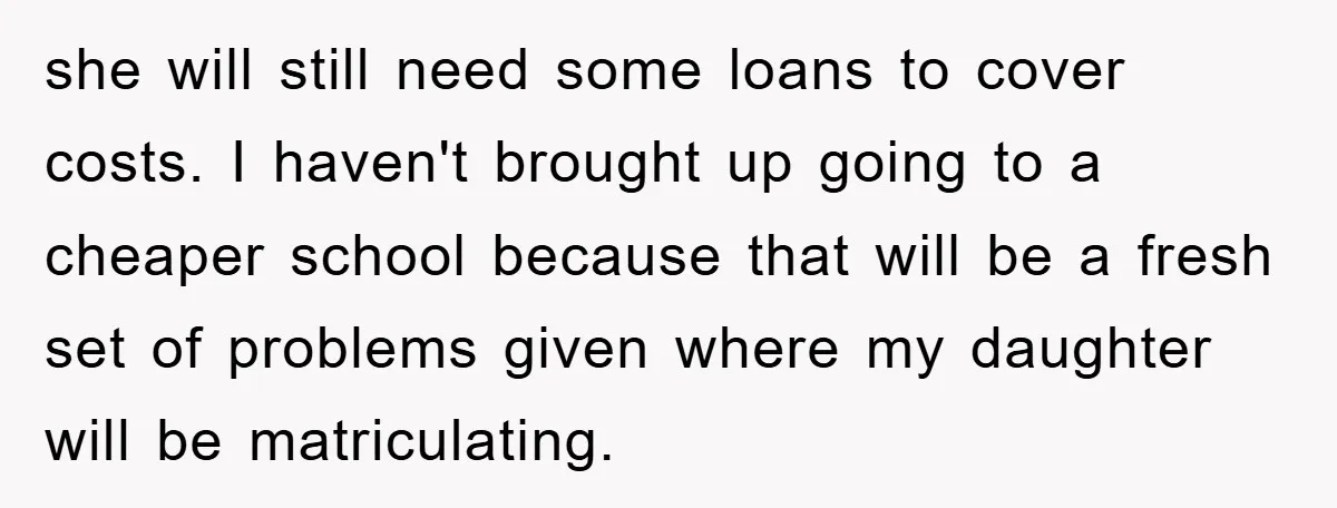 she will still need some loans to cover costs. I haven't brought up going to a cheaper school because that will be a fresh set of problems given where my...
