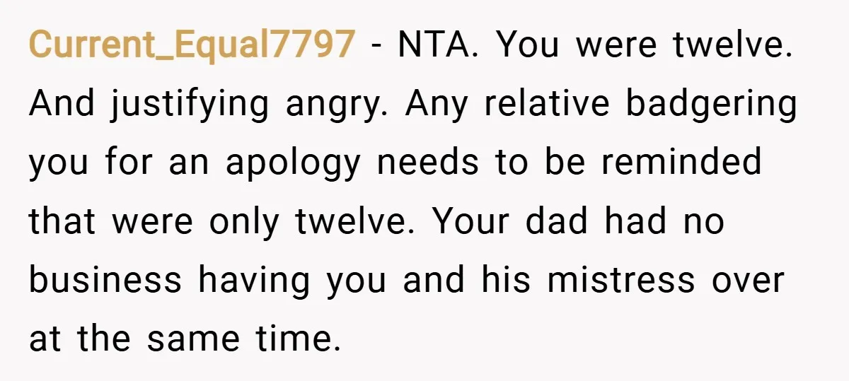 Current_Equal7797 − NTA. You were twelve. And justifying angry. Any relative badgering you for an apology needs to be reminded that were only twelve. Your dad had no business having...