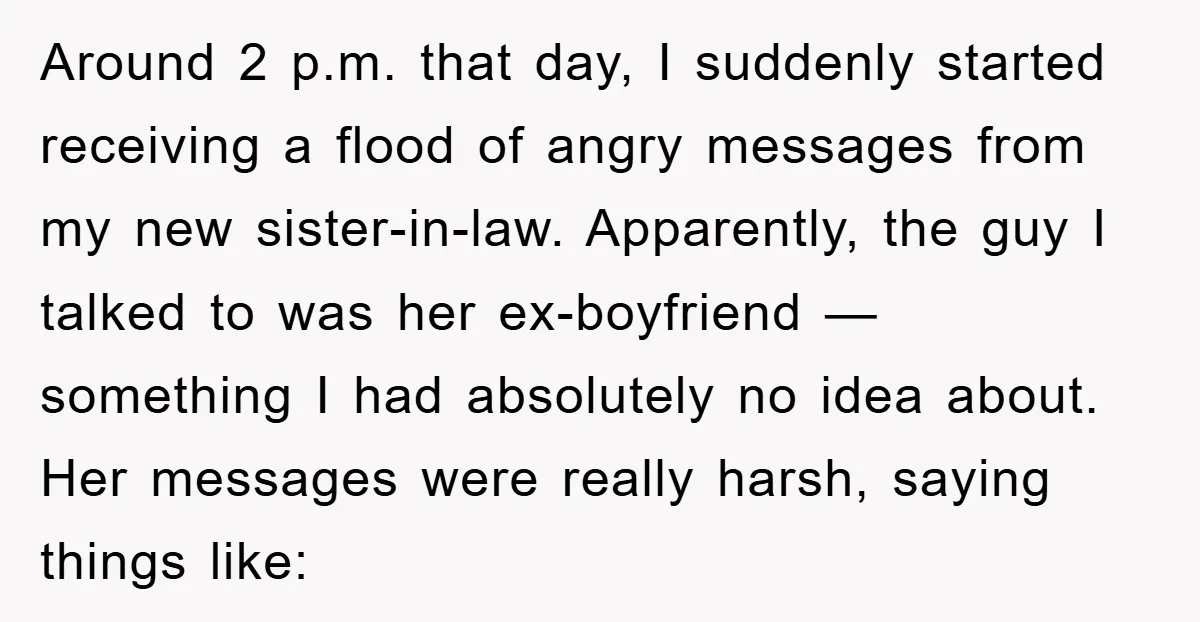 Around 2 p.m. that day, I suddenly started receiving a flood of angry messages from my new sister-in-law. Apparently, the guy I talked to was her ex-boyfriend — something I...