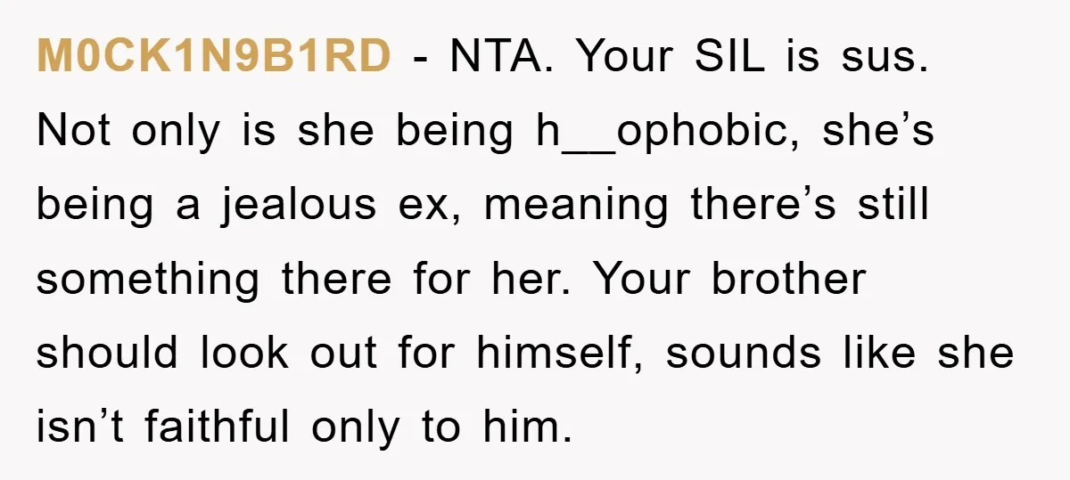 M0CK1N9B1RD − NTA. Your SIL is sus. Not only is she being h__ophobic, she’s being a jealous ex, meaning there’s still something there for her. Your brother should look out...