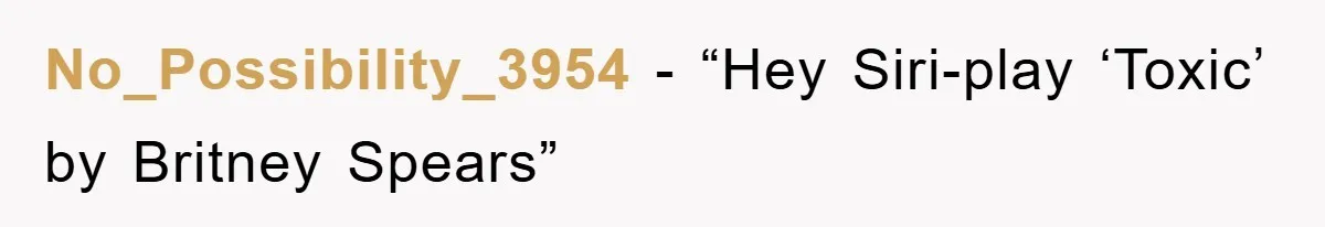 No_Possibility_3954 − “Hey Siri-play ‘Toxic’ by Britney Spears”