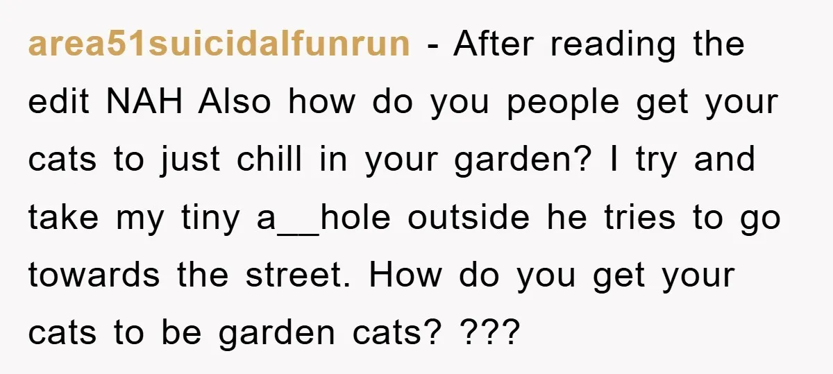 area51suicidalfunrun − After reading the edit NAH Also how do you people get your cats to just chill in your garden? I try and take my tiny a__hole outside he...