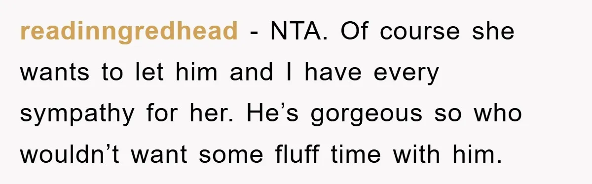 readinngredhead − NTA. Of course she wants to let him and I have every sympathy for her. He’s gorgeous so who wouldn’t want some fluff time with him.