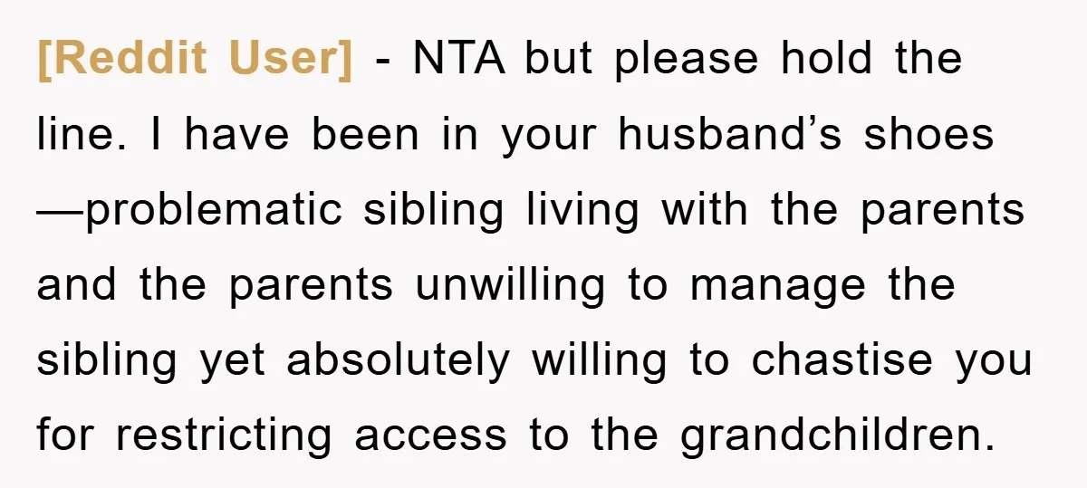 [Reddit User] − NTA but please hold the line. I have been in your husband’s shoes—problematic sibling living with the parents and the parents unwilling to manage the sibling yet...