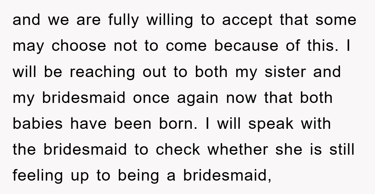 and we are fully willing to accept that some may choose not to come because of this. I will be reaching out to both my sister and my bridesmaid once...