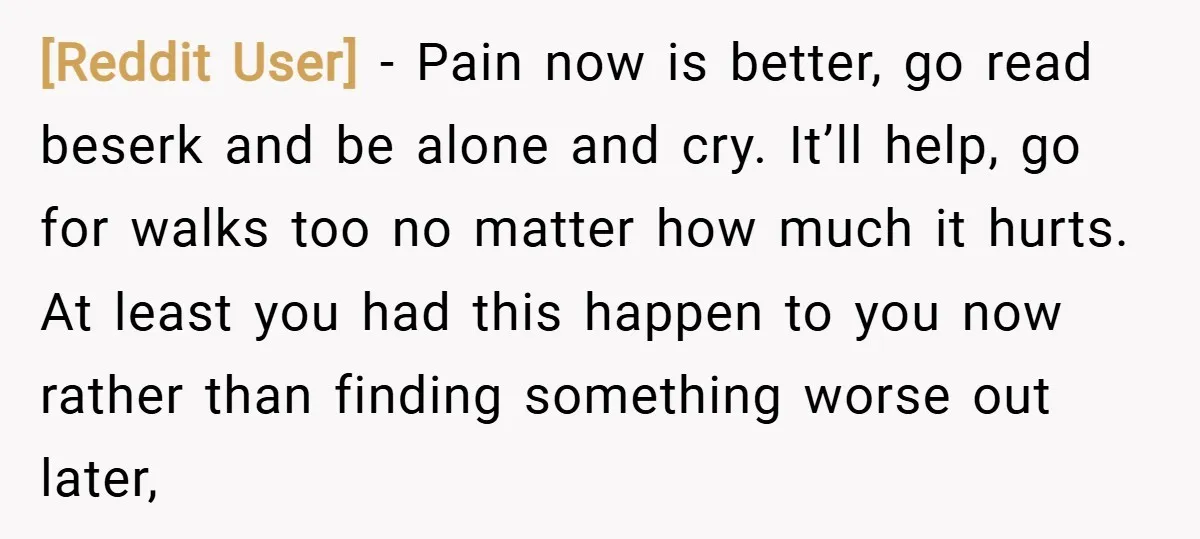 [Reddit User] − Pain now is better, go read beserk and be alone and cry. It’ll help, go for walks too no matter how much it hurts. At least you...