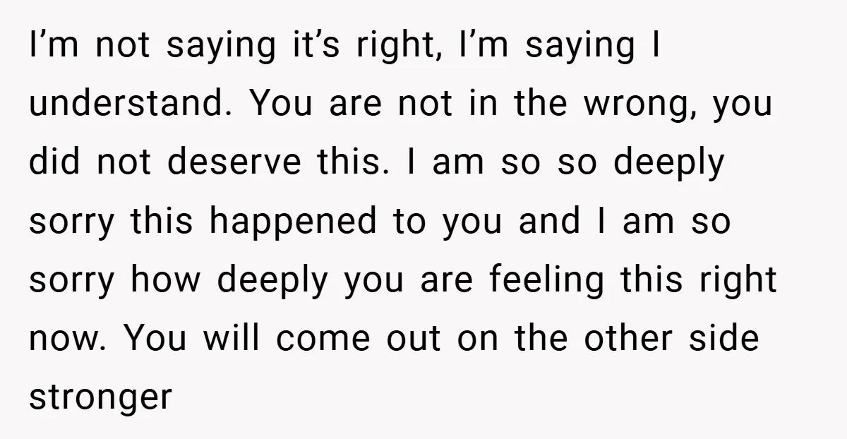 I’m not saying it’s right, I’m saying I understand. You are not in the wrong, you did not deserve this. I am so so deeply sorry this happened to you...