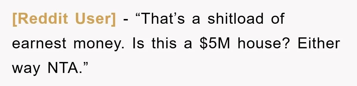 [Reddit User] - “That’s a shitload of earnest money. Is this a $5M house? Either way NTA.”