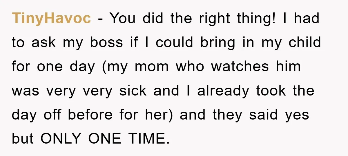 TinyHavoc − You did the right thing! I had to ask my boss if I could bring in my child for one day (my mom who watches him was very...