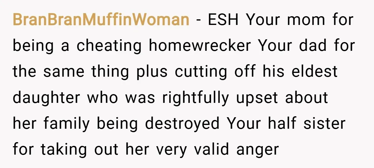BranBranMuffinWoman − ESH Your mom for being a cheating homewrecker Your dad for the same thing plus cutting off his eldest daughter who was rightfully upset about her family being...