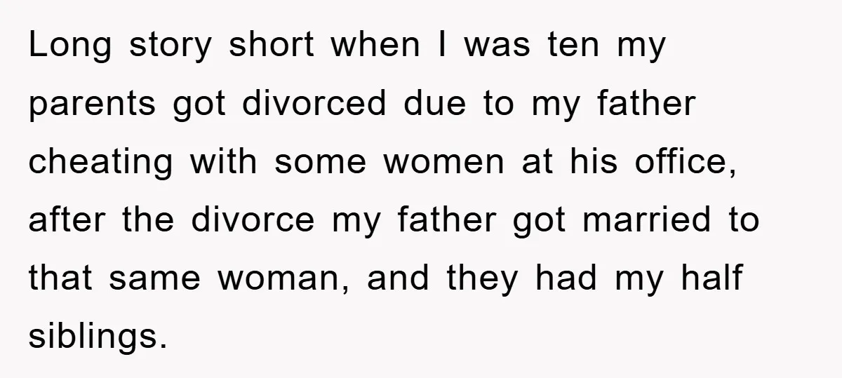 Long story short when I was ten my parents got divorced due to my father cheating with some women at his office, after the divorce my father got married to...