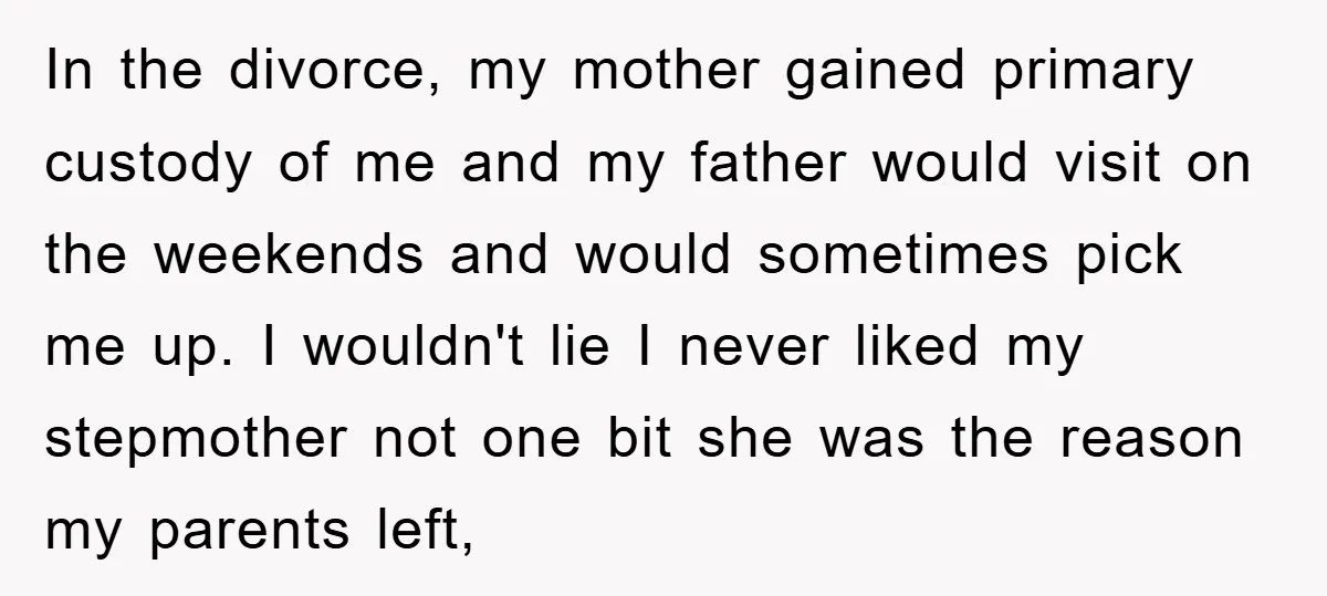 In the divorce, my mother gained primary custody of me and my father would visit on the weekends and would sometimes pick me up. I wouldn't lie I never liked...