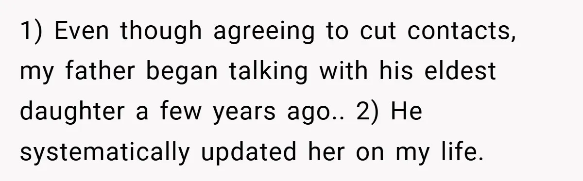 1) Even though agreeing to cut contacts, my father began talking with his eldest daughter a few years ago.. 2) He systematically updated her on my life.