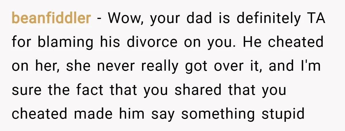 beanfiddler − Wow, your dad is definitely TA for blaming his divorce on you. He cheated on her, she never really got over it, and I'm sure the fact that...