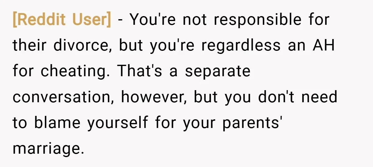 [Reddit User] − You're not responsible for their divorce, but you're regardless an AH for cheating. That's a separate conversation, however, but you don't need to blame yourself for your...