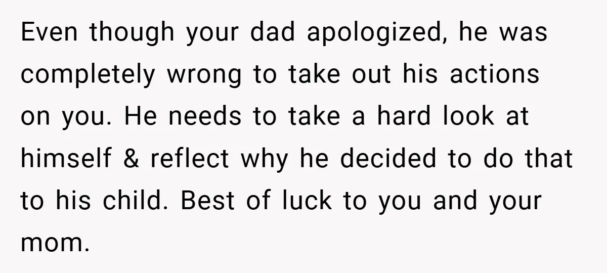 Even though your dad apologized, he was completely wrong to take out his actions on you. He needs to take a hard look at himself & reflect why he decided...