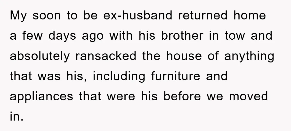 My soon to be ex-husband returned home a few days ago with his brother in tow and absolutely ransacked the house of anything that was his, including furniture and appliances...