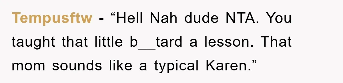 Tempusftw - “Hell Nah dude NTA. You taught that little b__tard a lesson. That mom sounds like a typical Karen.”