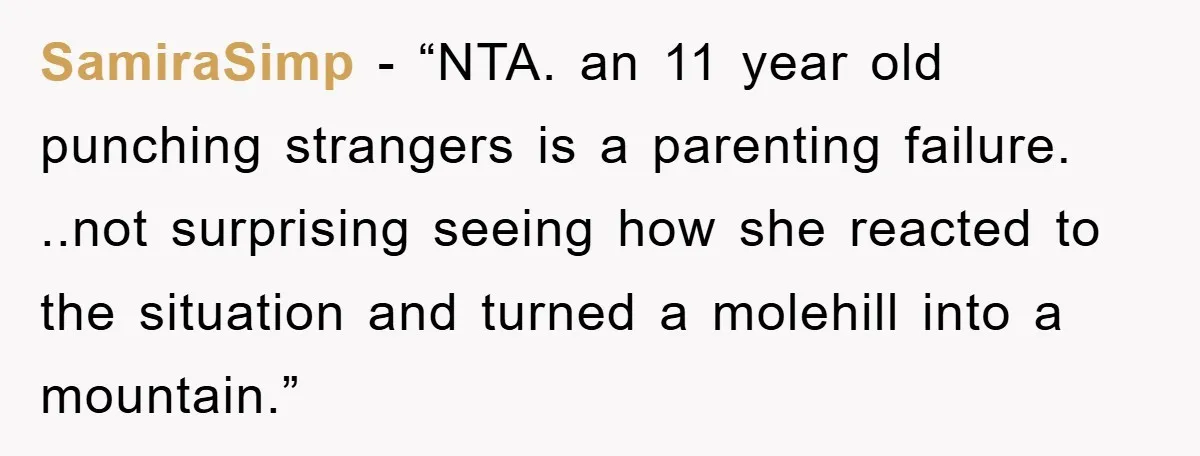 SamiraSimp - “NTA. an 11 year old punching strangers is a parenting failure. ..not surprising seeing how she reacted to the situation and turned a molehill into a mountain.”