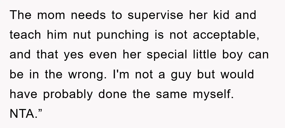 The mom needs to supervise her kid and teach him nut punching is not acceptable, and that yes even her special little boy can be in the wrong. I'm not...