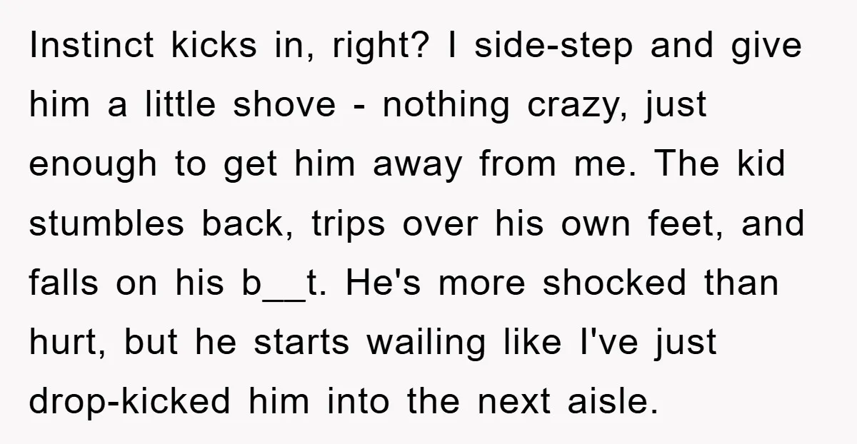 Instinct kicks in, right? I side-step and give him a little shove - nothing crazy, just enough to get him away from me. The kid stumbles back, trips over his...