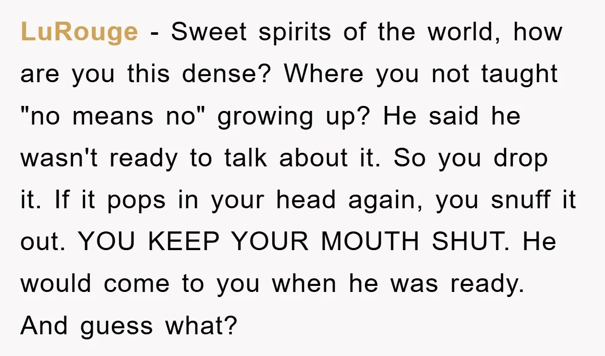LuRouge − Sweet spirits of the world, how are you this dense? Where you not taught "no means no" growing up? He said he wasn't ready to talk about it....