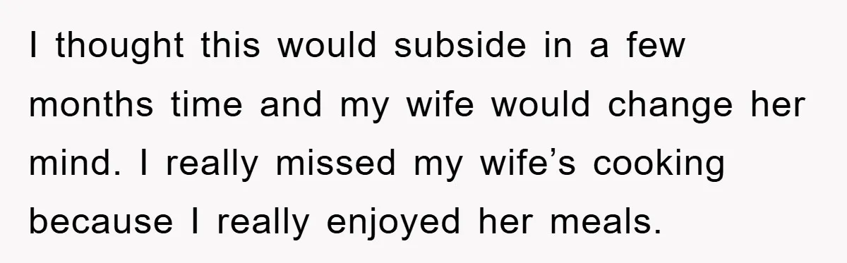 I thought this would subside in a few months time and my wife would change her mind. I really missed my wife’s cooking because I really enjoyed her meals.