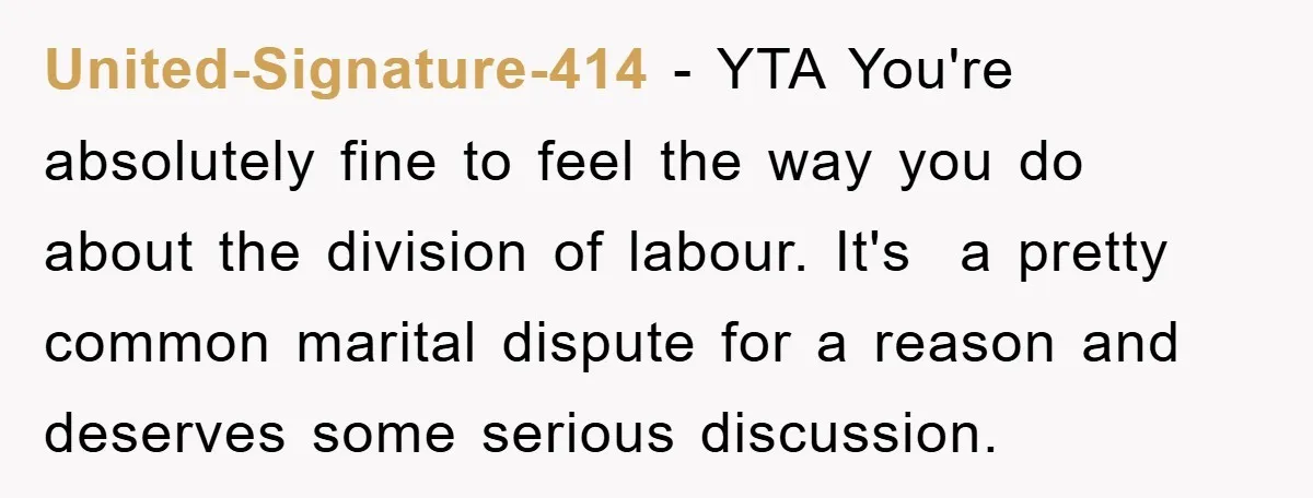 United-Signature-414 − YTA You're absolutely fine to feel the way you do about the division of labour. It's a pretty common marital dispute for a reason and deserves some serious...
